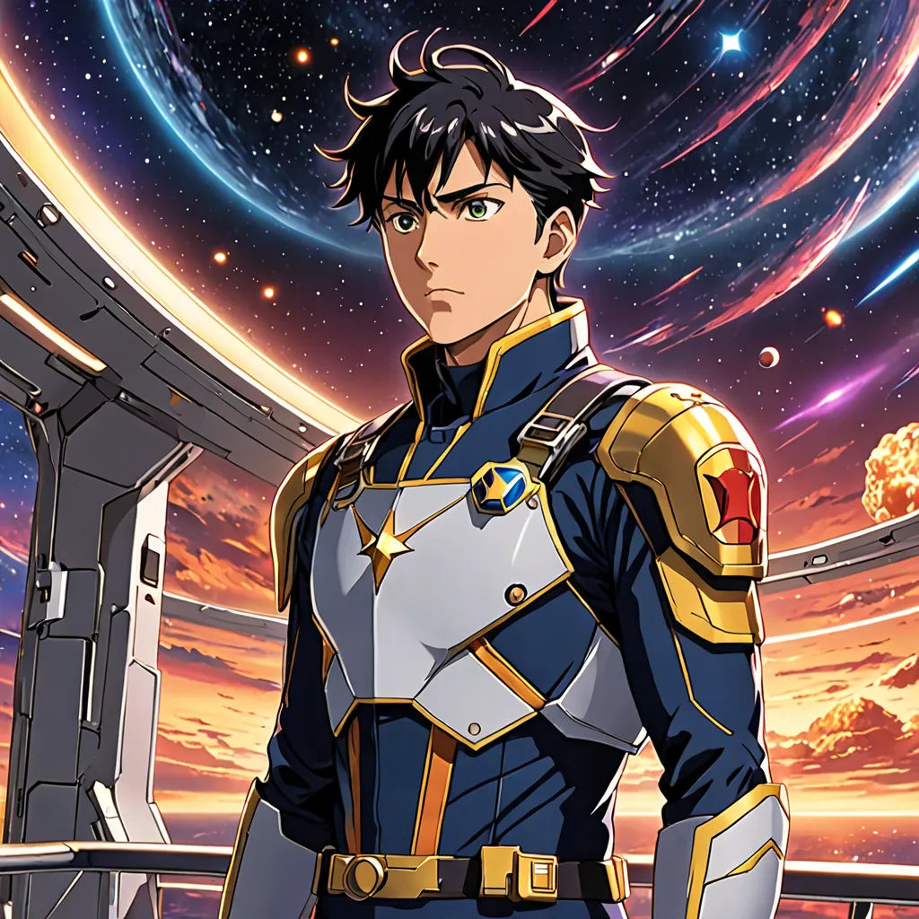 a man in a space suit standing in front of a space station with a rocket in the background and a star filled sky, space art, a character portrait, Adam Manyoki, anime key visual