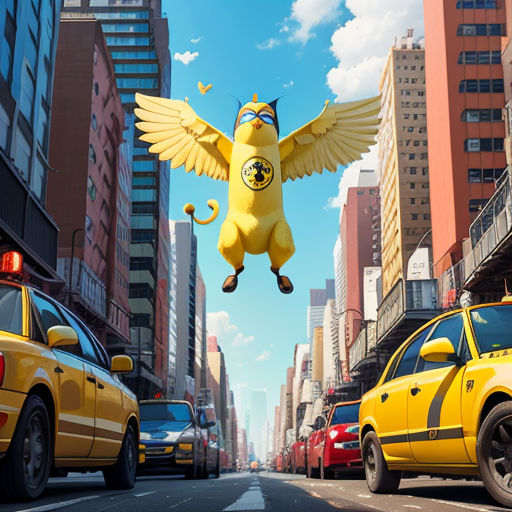 a cartoon character flying over a city street with a taxi cab and a yellow car in the foreground