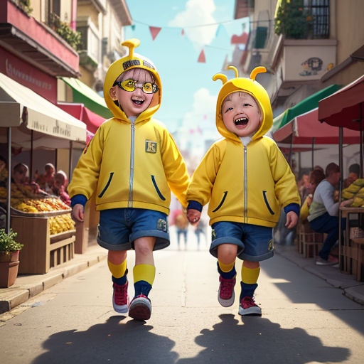 two children in yellow jackets and blue shorts are walking down a street with a red umbrella and a red and green awning