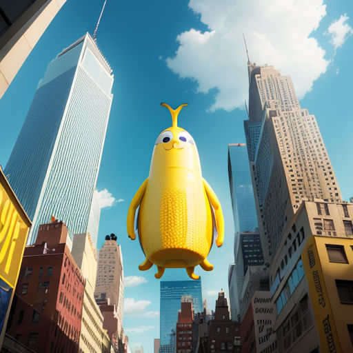 a large yellow object flying through the air over a city street with tall buildings in the background and a blue sky