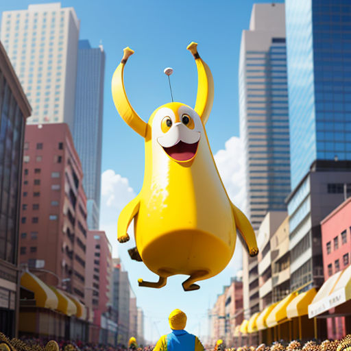 a man riding a bike down a street next to a giant banana character in the air with a mustache