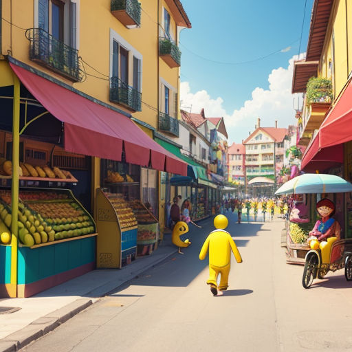 a small child is walking down a street with a cart of fruit in front of a store with a person in a yellow suit
