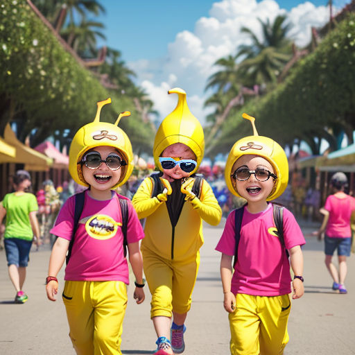 two children in banana suits walking down a street with a man in a banana suit on his head and a woman in a pink shirt on his back