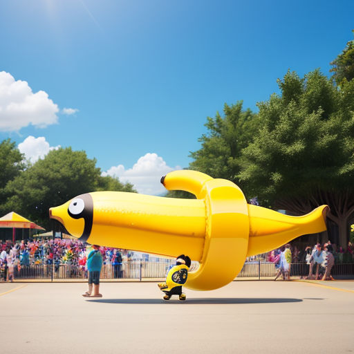 a large yellow kite with a face on it's back and a person pushing a small yellow car