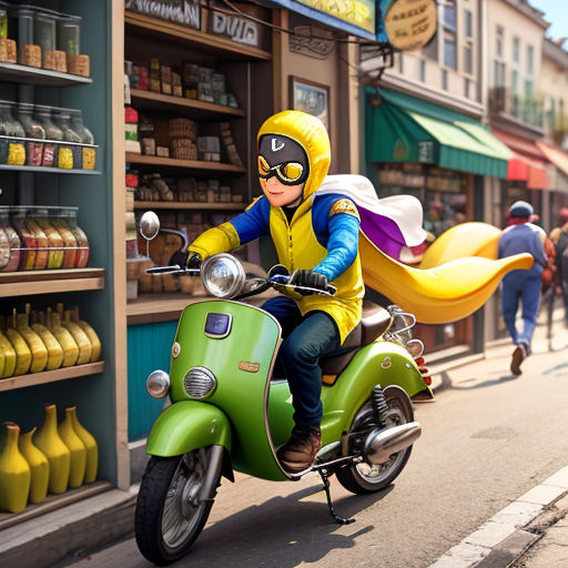 a cartoon character riding a motorcycle down a street with a banana costume on and a yellow cape on his head
