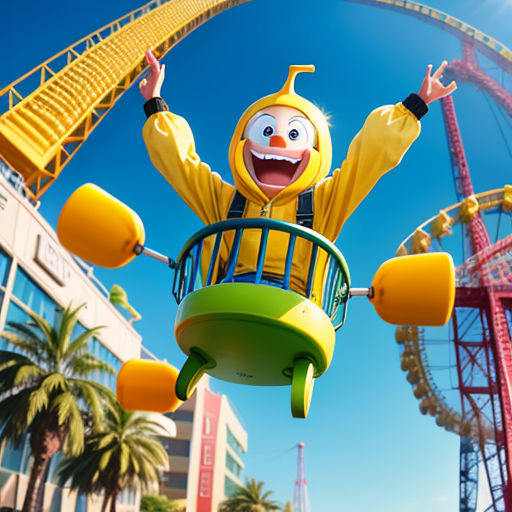 a person in a yellow raincoat is riding a roller coaster at a theme park with palm trees and a roller coaster