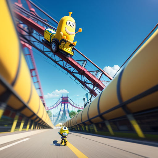 a cartoon character riding a skateboard across a bridge over a river or river with a yellow car on it