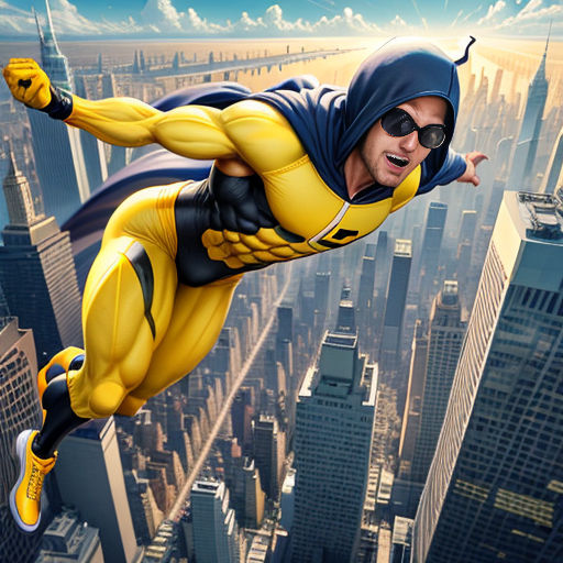 a man in a yellow and black suit flying through the air over a cityscape with skyscrapers