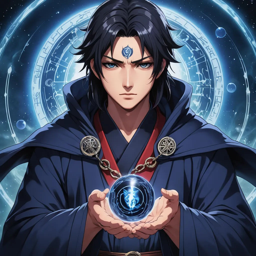 a man holding a crystal ball in his hands with a circle in the background and a blue ring around his neck, rayonism, a character portrait, Cedric Seaut (Keos Masons), official art