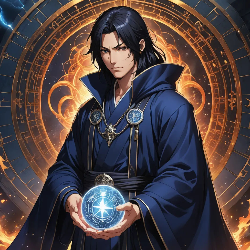 a man in a blue robe holding a crystal ball in his hands with a firework background and a circle of fire, rayonism, a character portrait, Du Jin, official art