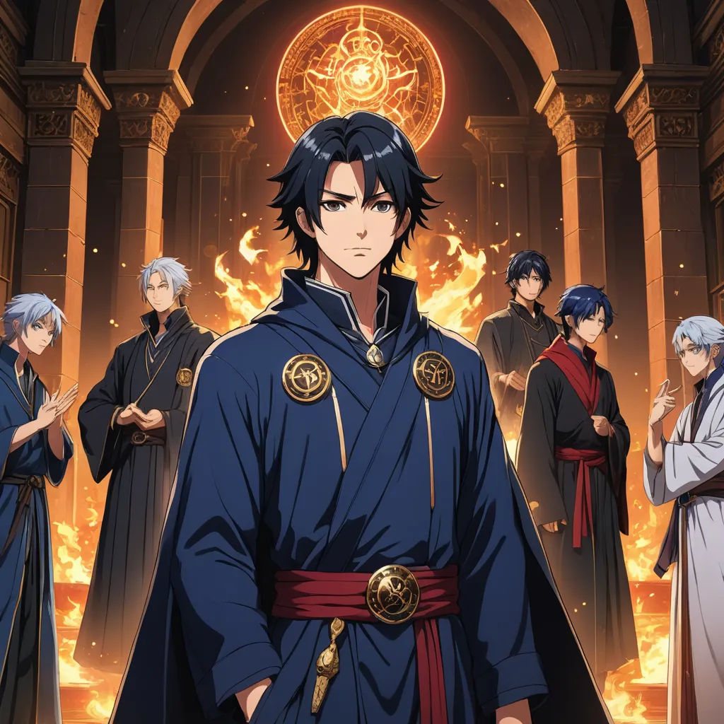 a group of people standing in front of a fire with a clock on it's wall and a man in a blue robe, rayonism, a poster, Baiōken Eishun, anime key visual