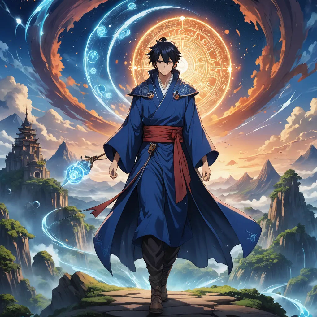 a man in a blue robe is walking through a landscape with a sun in the background and a blue ring in the sky, rayonism, poster art, Cedric Seaut (Keos Masons), anime key visual