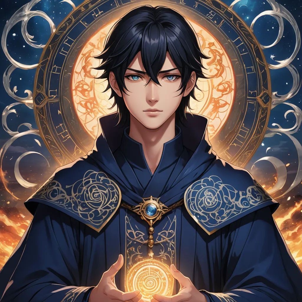 a man in a blue outfit holding a ball in his hands with a golden circle in the background of the image, vanitas, a character portrait, Cedric Seaut (Keos Masons), tarot card