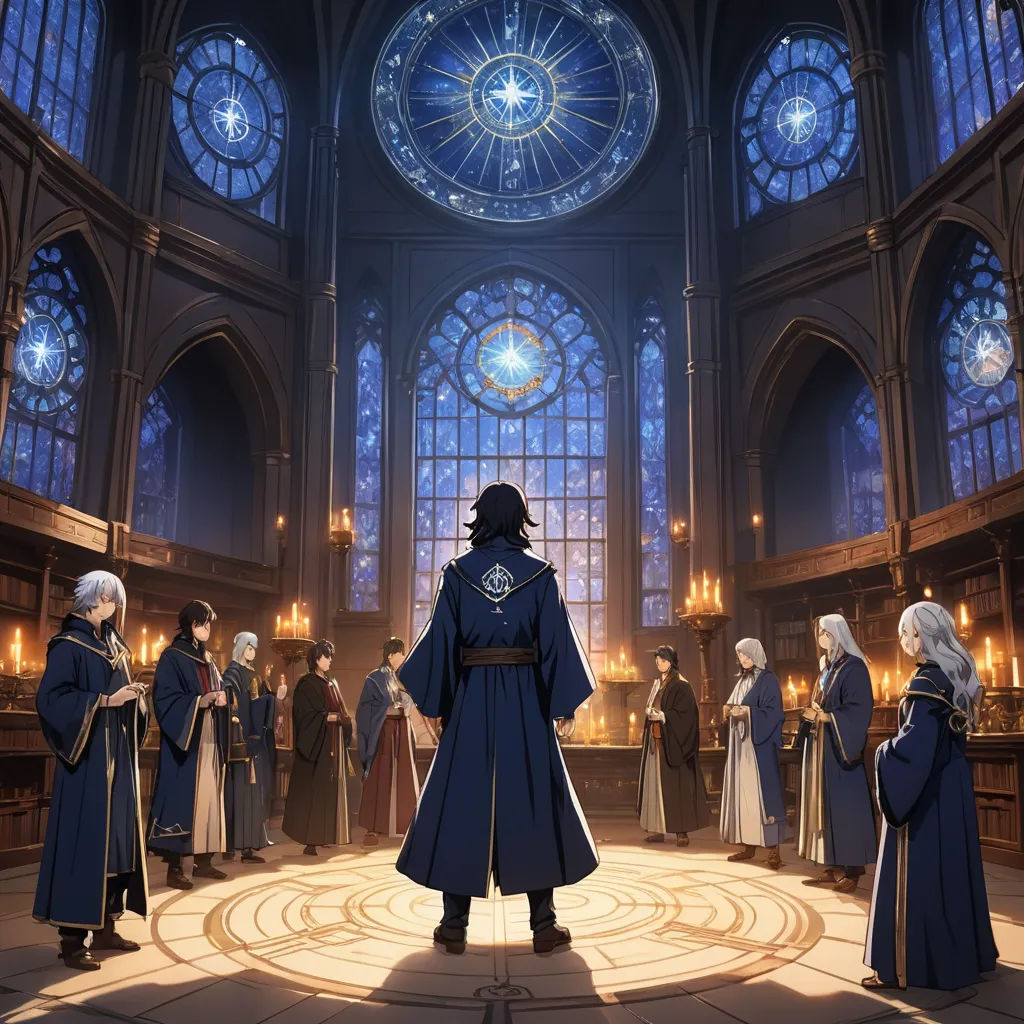 a group of people standing in a room with a clock on the wall and a stained glass window in the background, rayonism, concept art, Cedric Seaut (Keos Masons), official art