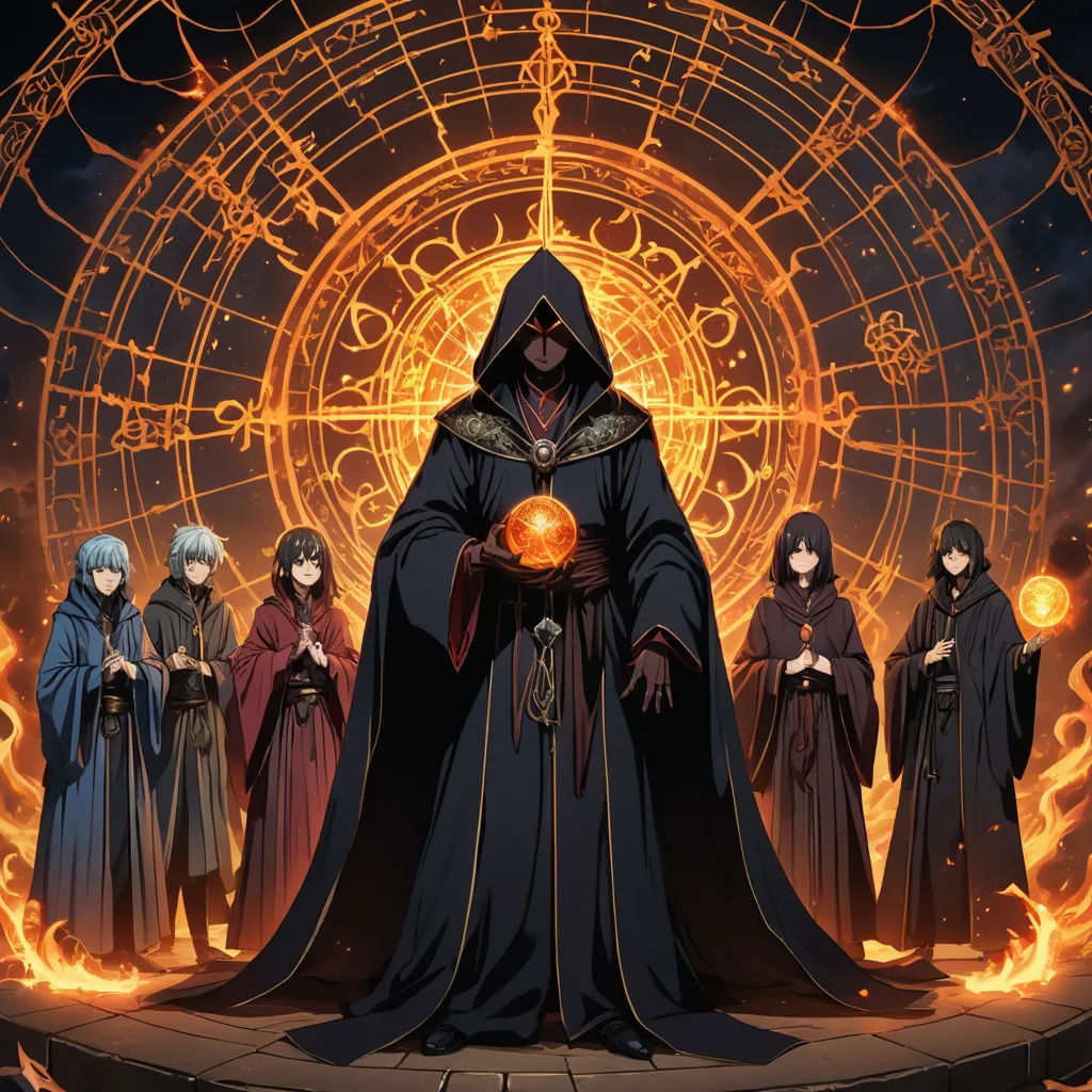 a group of people standing in front of a golden circle with a person holding a ball in it's hands, rayonism, poster art, Cedric Seaut (Keos Masons), anime key visual