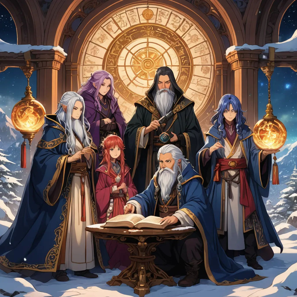 a group of people standing around a table in the snow with a book in front of them and a clock in the background, sots art, a poster, Du Jin, official art