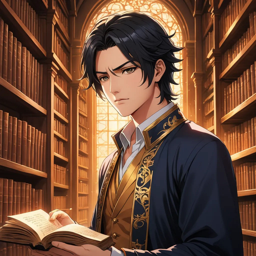a man in a library holding a book and looking at it with a book in his hand and a book in his other hand, pre-raphaelitism, a character portrait, Chen Hongshou, rossdraws global illumination