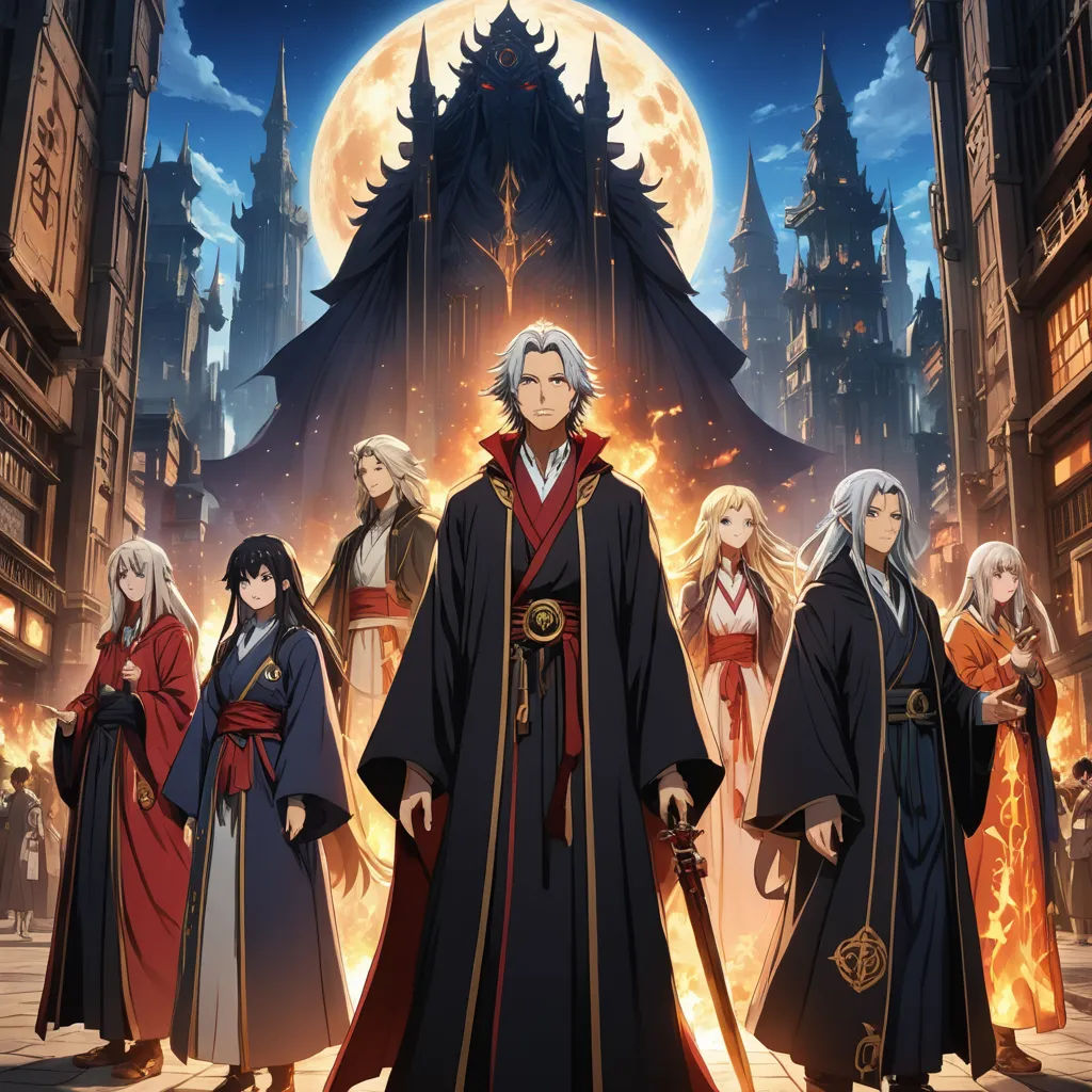 a group of people standing in front of a castle with a full moon in the background and a full moon in the sky, rayonism, a poster, Baiōken Eishun, anime key visual