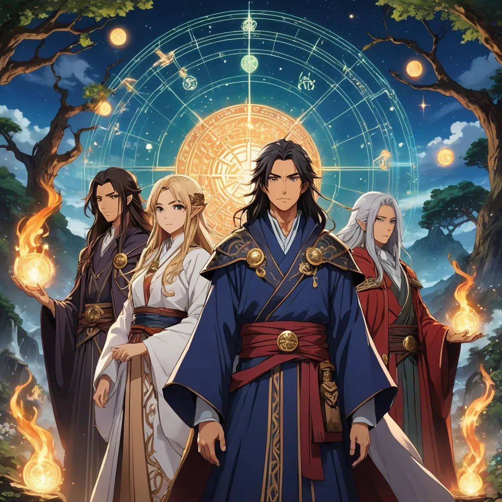 a group of people standing in front of a tree with a circle in the background and a sun in the middle, rayonism, a poster, Baiōken Eishun, official art