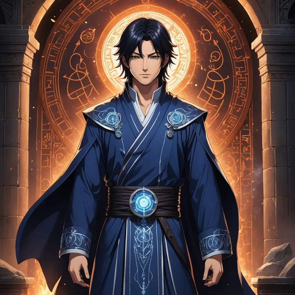 a man in a blue robe standing in front of a doorway with a glowing circle in the background and a glowing circle in the middle, rayonism, a character portrait, Chen Chun, official art