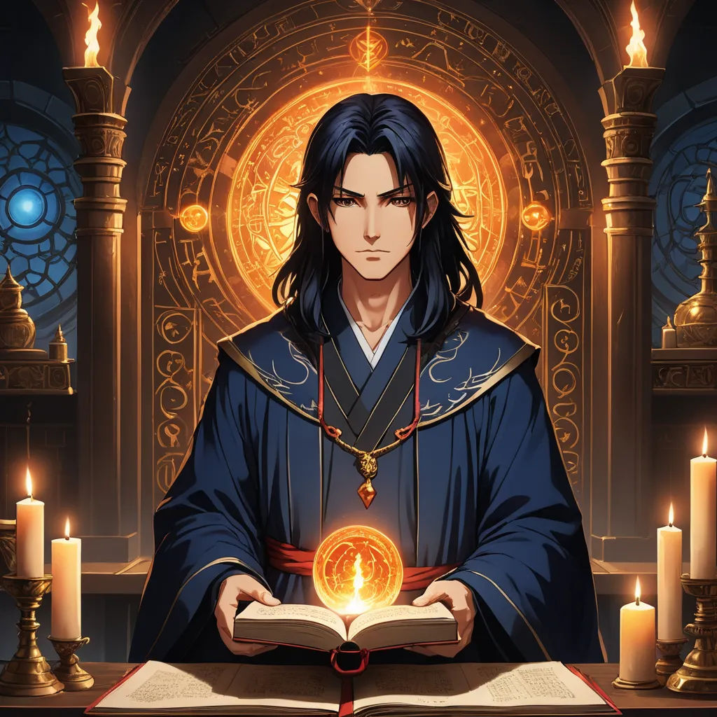 a man in a blue robe holding a book and a glowing orb in his hands with candles around him, rayonism, a character portrait, Du Jin, official art