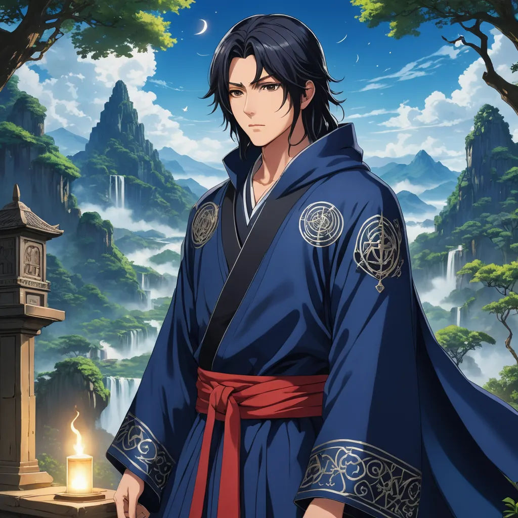 a man in a blue robe standing in front of a mountain and a lantern in the forest with a candle in his hand, aestheticism, a character portrait, Baiōken Eishun, official art