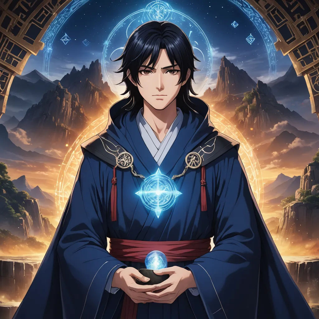 a man in a blue robe holding a crystal ball in his hands and a mountain in the background with a blue ring, rayonism, poster art, Cedric Seaut (Keos Masons), official art