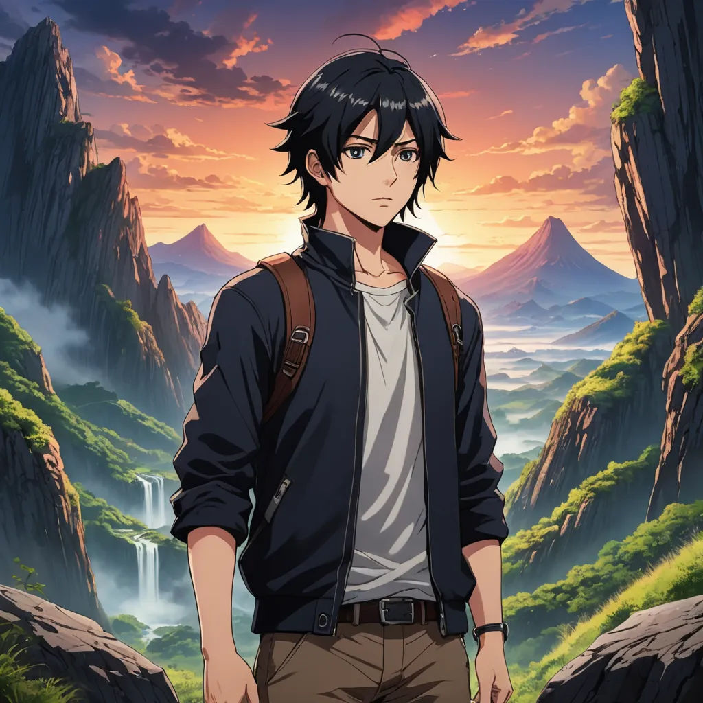 a man standing in front of a mountain with a waterfall in the background and a sunset in the background, environmental art, a character portrait, Aguri Uchida, official art