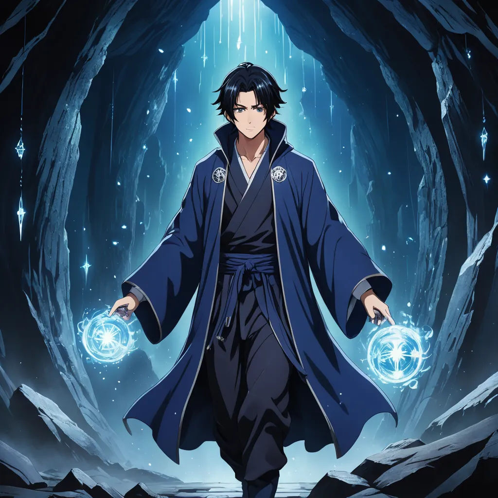 a man in a robe holding two balls in his hands in front of a cave with a light coming from it, rayonism, poster art, Aguri Uchida, anime key visual