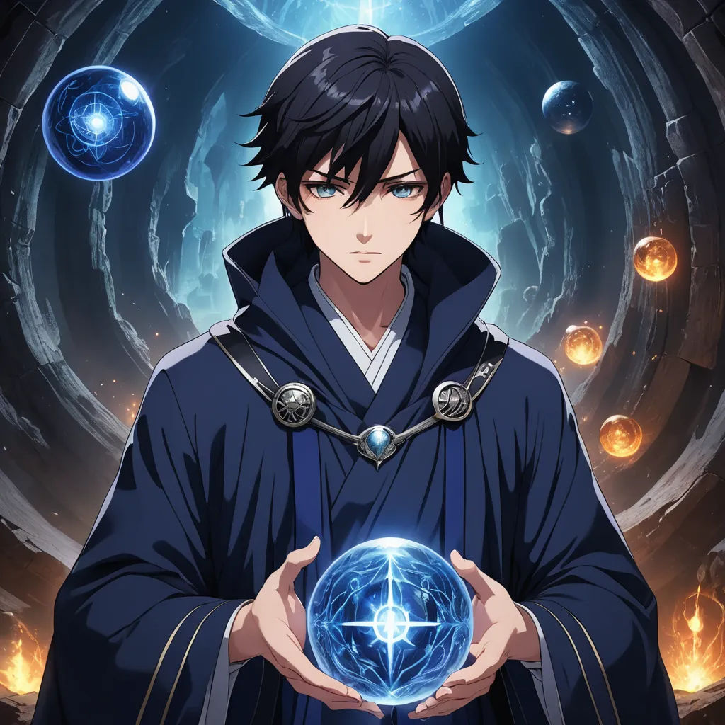 a man holding a crystal ball in his hands with a blue orb in the middle of his hand and a blue orb in the middle of his hand, rayonism, poster art, Ai-Mitsu, anime key visual