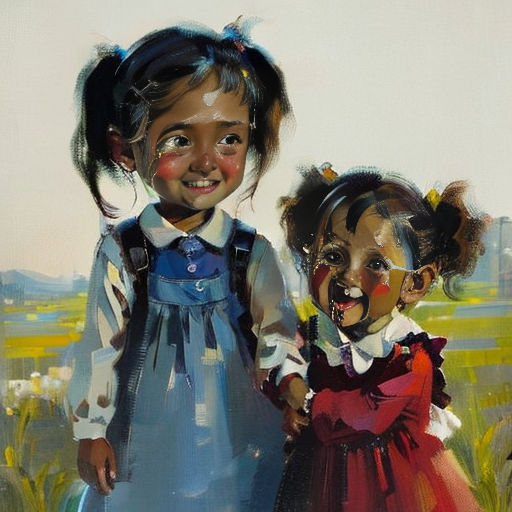 a painting of two children standing in a field of flowers with a building in the background and a sky in the background