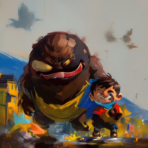 a painting of a man and a giant monster in a city with birds flying overhead and a bird flying overhead