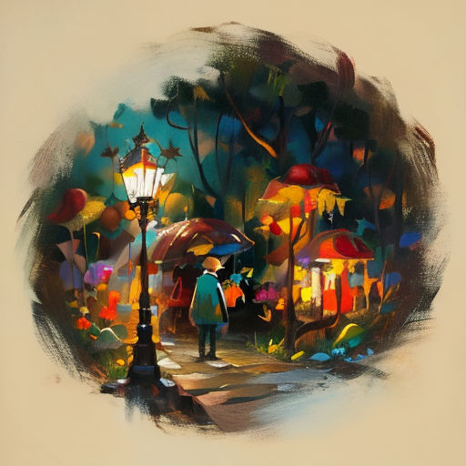 a painting of a person holding an umbrella in the rain with a street light in the background and a person holding an umbrella