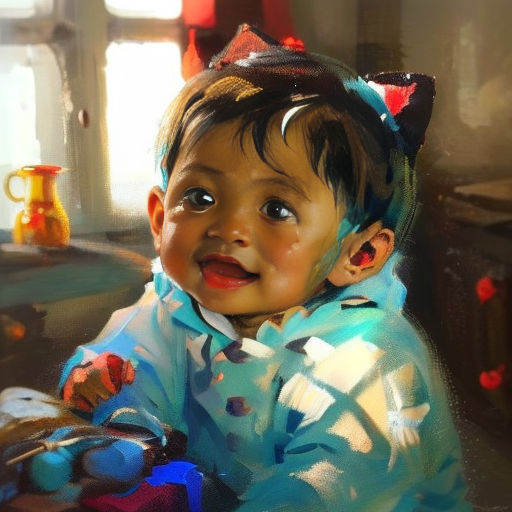 a painting of a baby with a cat's head on his head and a blue shirt on his body