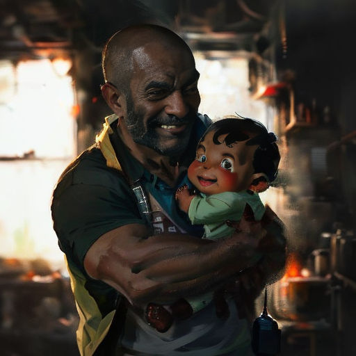 a man holding a baby doll in his arms in a kitchen with a fire in the background and a fire hose