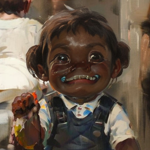 a painting of a child with fake teeth and braces on his face and hands, with a man in the background