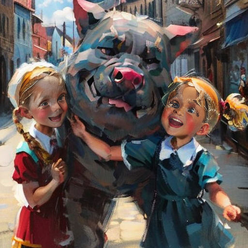 two children are standing next to a large bear statue in a city street, with a building in the background