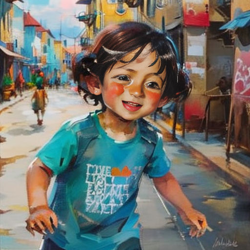 a painting of a child on a city street with a red ball in his hand and a blue shirt on