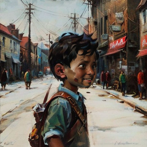 a painting of a boy with a backpack on a street corner with people walking around him and a building in the background