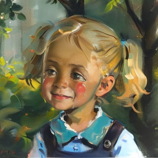 a painting of a little girl with a blue shirt and a blue shirt on and a tree in the background