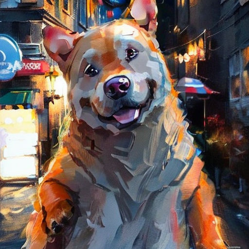 a painting of a dog in a city street at night with a person walking by it and a building in the background