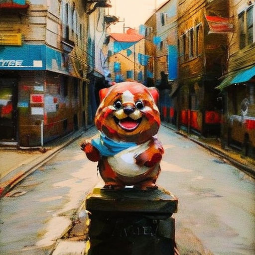 a statue of a bear on a city street with buildings in the background and a street sign in the foreground