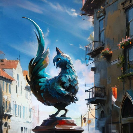a painting of a rooster on a post in a city street with buildings and a blue sky in the background