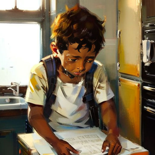 a boy is sitting at a table with a piece of paper in his hand and looking at a piece of paper