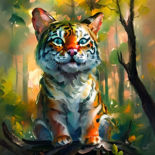 a painting of a tiger sitting in the woods with leaves on the ground and a tree in the background