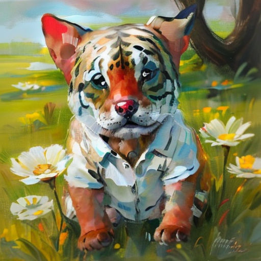 a painting of a tiger cub sitting in a field of daisies and daisies with a tree in the background