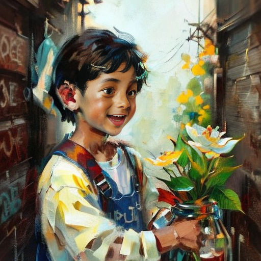 a painting of a boy holding a vase of flowers and smiling at the camera with a smile on his face