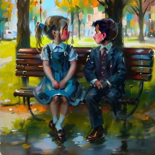 a painting of two children sitting on a bench in the rain, one of them is wearing a blue dress