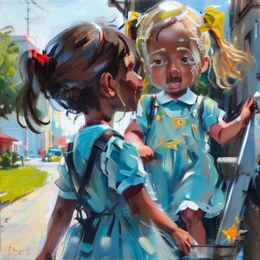 two little girls standing next to each other on a street corner with a bus in the background and a building in the background