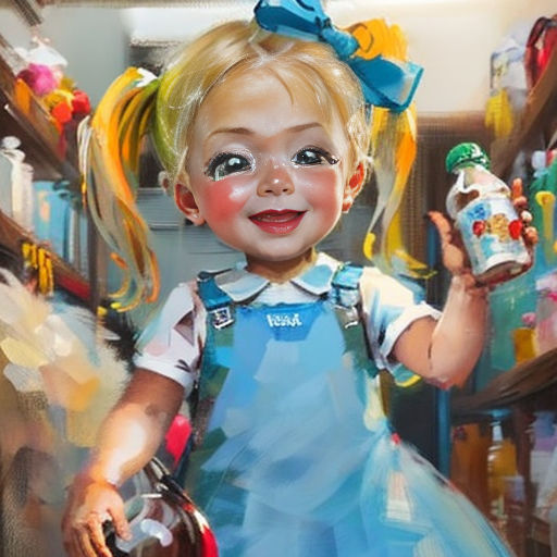 a painting of a little girl holding a bottle of milk and a can of soda in her hand and a blue dress